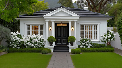 Elegant Residence: An inviting, impeccably maintained residential property exudes charm, showcasing a sophisticated architectural style set amidst lush greenery.