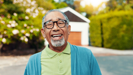 Portrait, outdoor and senior man at retirement home with laughing, happiness and relax on weekend. Smile, funny and elderly male person from Mexico with glasses in backyard of nursing facility.