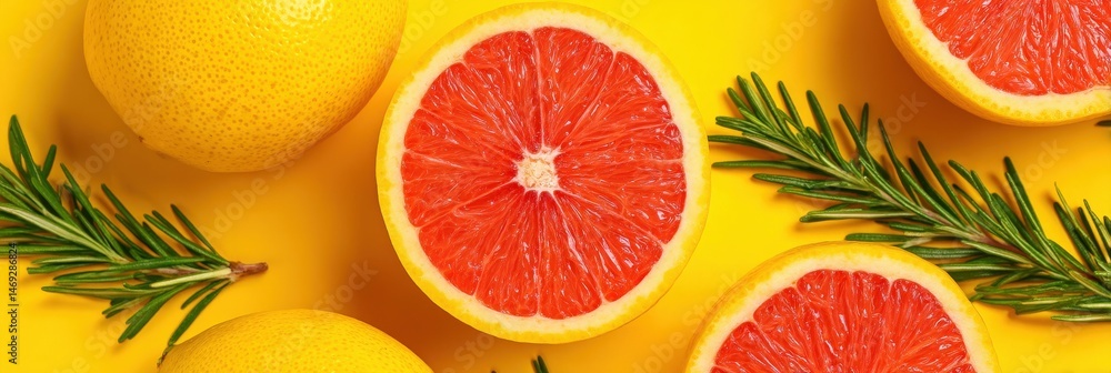 Poster vibrant citrus display featuring sliced grapefruit and fresh lemons arranged with aromatic rosemary 