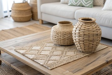 Fototapeta premium Woven Baskets and Wooden Coffee Table in a Modern Living Room