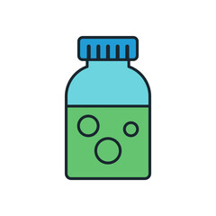Cartoon Medical Bottle Illustration in Bright Blue and Green Colors with Bubble Detail