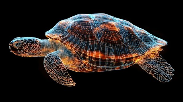 Turtle Shell in Dots: A turtle slowly moving, with its shell's intricate patterns represented by geometric dots and lines, highlighting the texture. 
