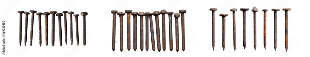 Aufkleber many different sizes of metal fasteners arranged in a horizontal row against a transparent backdrop