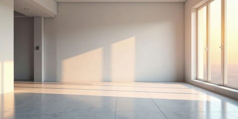 Obraz premium Empty Room with Sunlight Streaming Through Large Window and Light Grey Floor Tiles