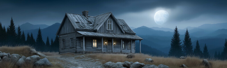Serene Nightfall at Rustic Cabin: Under the watchful gaze of the full moon, a quaint cabin stands nestled amidst serene mountains, exuding an aura of rustic tranquility and the allure of rural living.