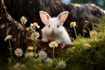 Fototapeta premium Adorable white baby bunny relaxing in a meadow with daisies