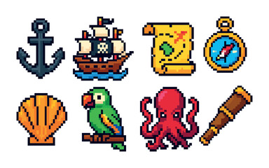 Nautical adventure icons set – pixel art, ocean, marine themed symbols