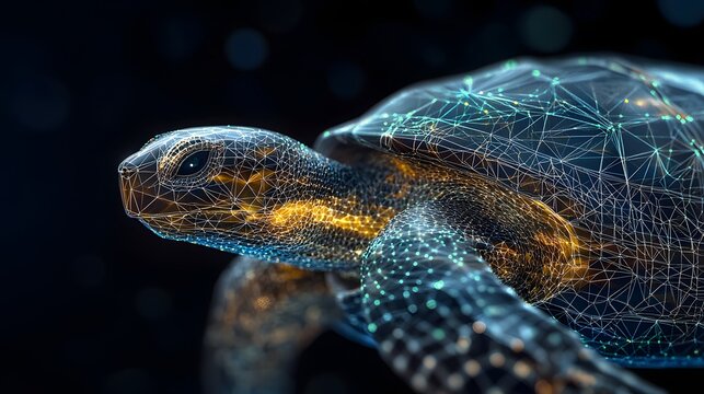 Turtle Shell in Dots: A turtle slowly moving, with its shell's intricate patterns represented by geometric dots and lines, highlighting the texture. 
