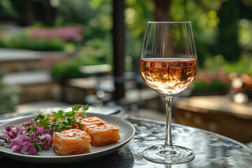 Naklejka premium Plate of food next to a glass of wine.