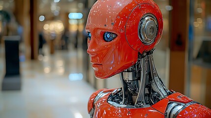Close-up of a futuristic red robot head in a shopping mall.