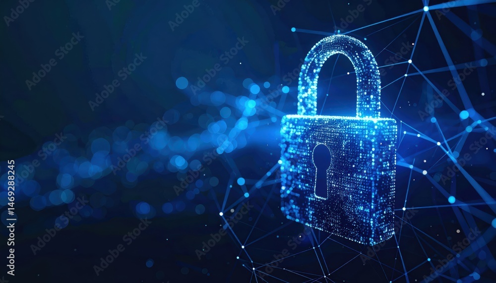 Poster a glowing digital padlock symbolizes cybersecurity and data protection amidst a network of interconn