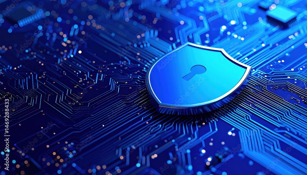 Poster a digital shield symbolizing cybersecurity protection over a blue circuit board background, represen