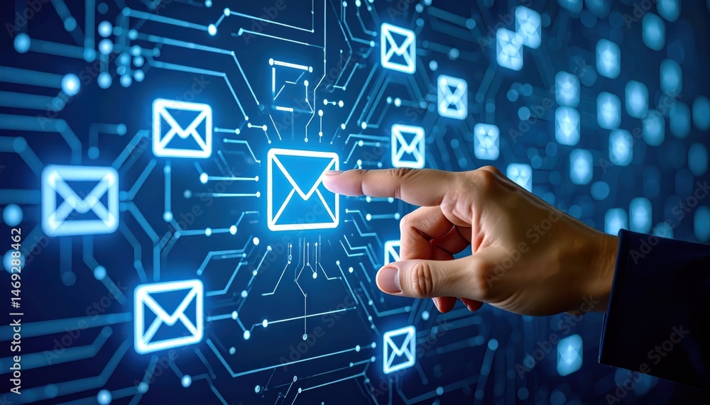 Poster a hand interacts with glowing digital mail icons on a circuit-like background, symbolizing technolog