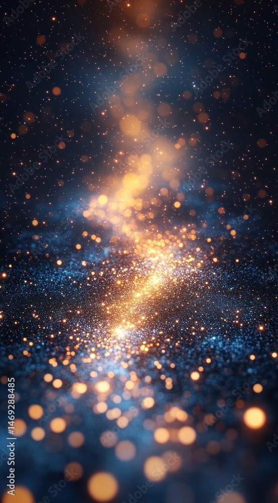 Poster abstract sparkling background with glowing particles and bokeh effects in deep blue and orange tones