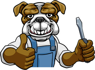 A bulldog electrician, handyman or mechanic holding a screwdriver and peeking round a sign giving a thumbs up