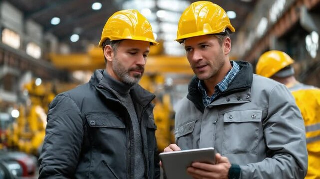 Focused Collaboration: Two engineers in yellow hard hats review schematics on a tablet at a construction site. Highlighting their collaboration.