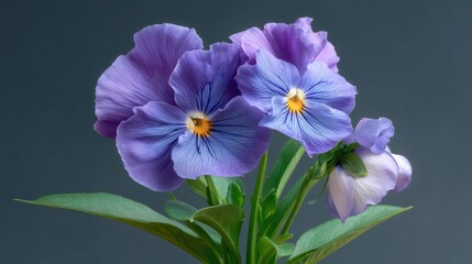 Fototapeta premium Close up shot of vibrant purple pansies blossoms with detailed petals and leaves against a muted grey background