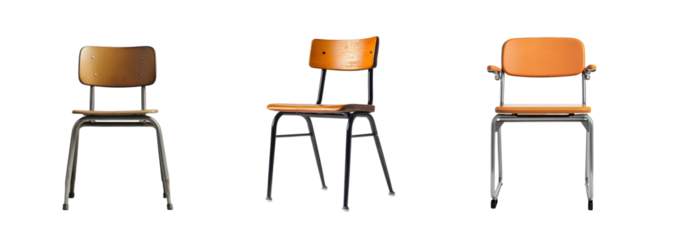 Set of simple school chairs are arranged in a row, suggesting a classroom setting. The chairs have wooden seats and backs.