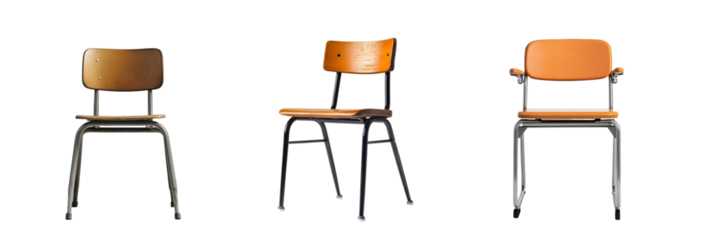 Set of simple school chairs are arranged in a row, suggesting a classroom setting. The chairs have wooden seats and backs.