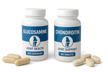 Two supplement bottles labeled Glucosamine and Chondroitin with capsules and tablets for joint health and support. Concept Joint Health Supplements, Glucosamine Benefits, Chondroitin Support