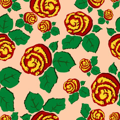 seamless pattern with roses and green flowers with a pale background in behind