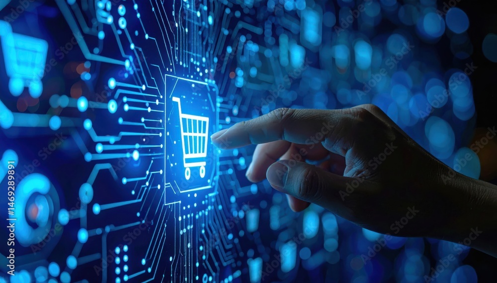 Poster a hand interacts with a digital shopping cart icon, symbolizing online shopping and e-commerce in a 