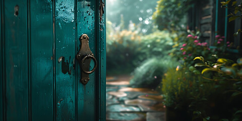 Close-Up of Teal Door with Vintage Knocker in Misty Garden

