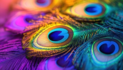 Obraz premium Vibrant peacock feathers display iridescent colors and intricate patterns, showcasing nature’s artistry in stunning detail