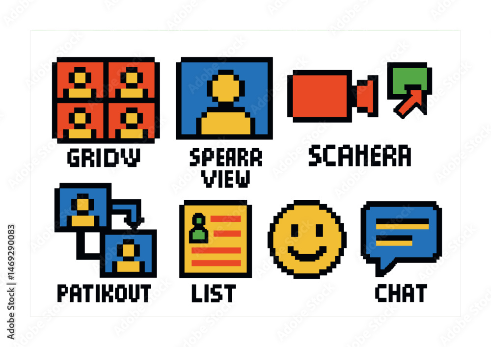 Poster retro pixel art icons for video call and communication design projects