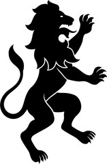 A heraldry coat of arms crest style rearing heraldic lion standing rampant on hind legs in a vintage woodcut style