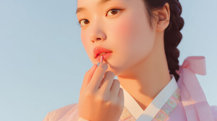 Naklejka premium Woman in Hanbok, Makeup Model, Beauty Influencer, Traditional Korean Clothing 