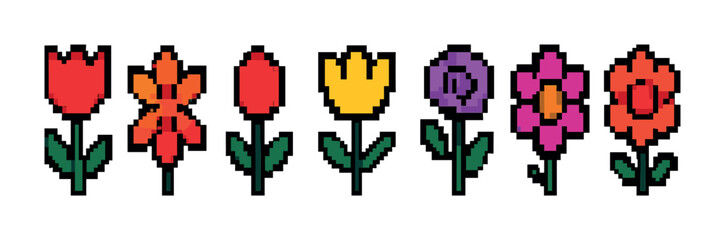 Floral pixel art icons set &ndash; colorful, nature, botanical designs