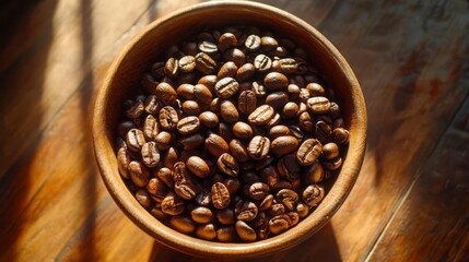 Wooden bowl filled with roasted coffee beans.