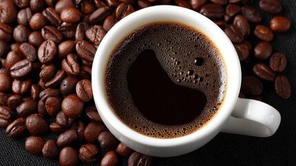 Fototapeta premium Aromatic Dark Coffee in White Cup Surrounded by Roasted Beans A Close Up View of Freshly Brewed Coffee