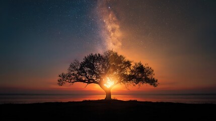 Majestic Tree Splitting Between Sunset and Starlight at Dusk