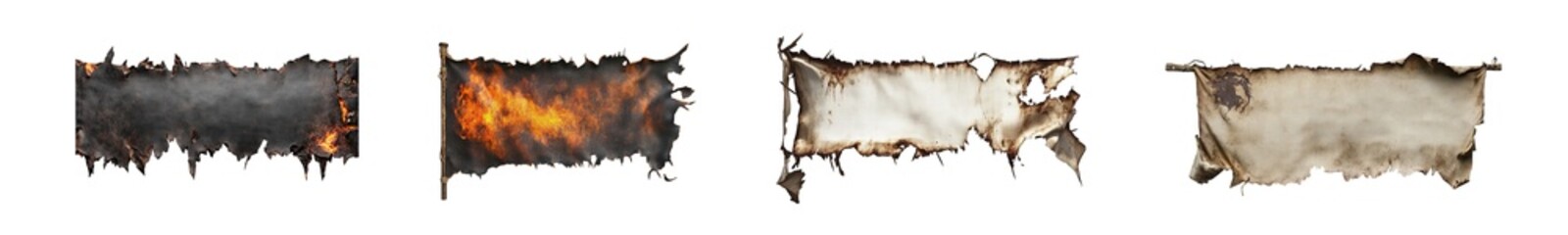 Set of torn and burnt fabric flags with fire damage texture