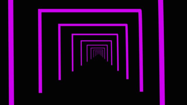 Neon tonel of equal rays.Animation of proton purple color technology tunnel. Futuristic metal corridor with reflection. Neon light.