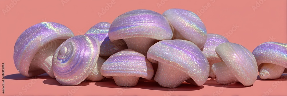 Poster a cluster of shimmering mushrooms displaying iridescent colors against a soft coral backdrop capturi