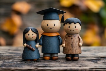 Wooden Family Figurines in Graduation Outfits Representing Academic Achievement and Family Support