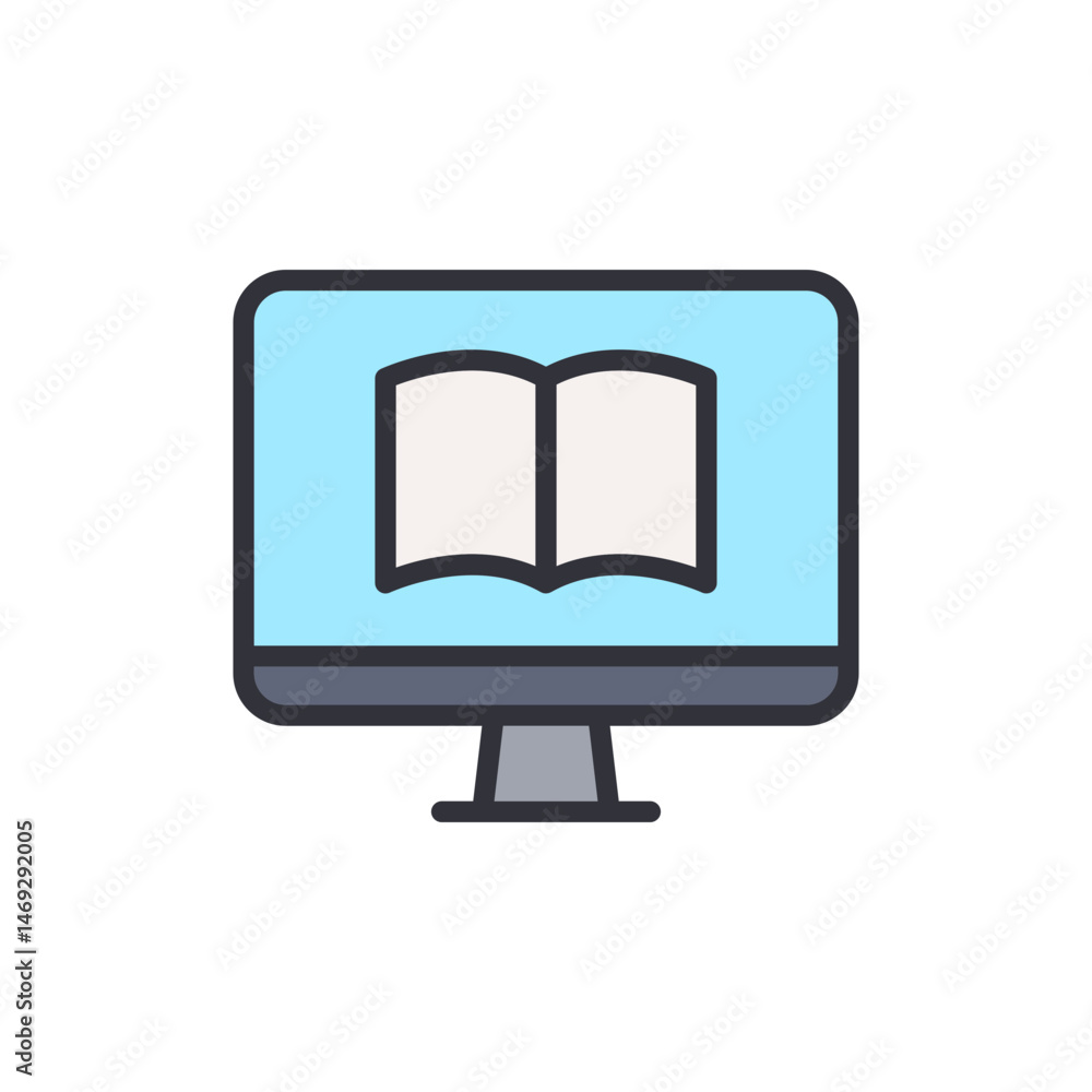 Poster conceptual digital learning icon featuring a book on a computer screen