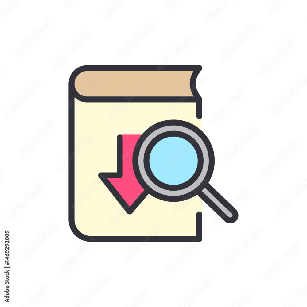 Poster visualizing data download exploration with magnifying lens on book icon