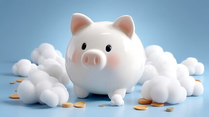 Cute piggy bank surrounded by clouds and coins