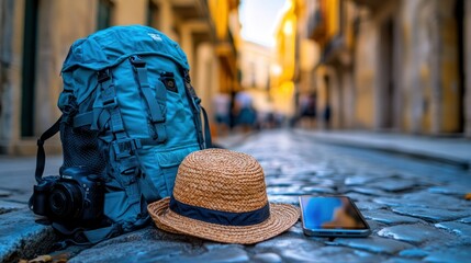 Obraz premium Ready for adventure Pack, hat, phone on cobblestone road