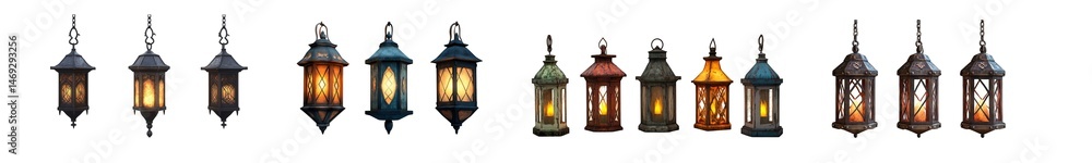 Poster multiple decorative lanterns in various colors and designs are set against a transparent background