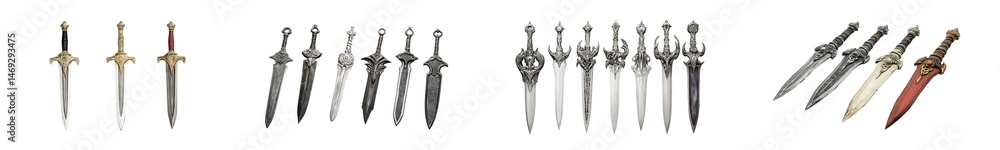 Poster collection of different types of bladed weapons, digitally rendered and displayed against a transpar