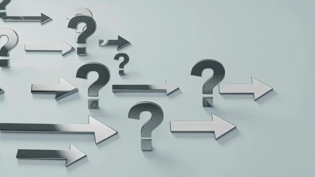 Arrows and question marks moving in different directions symbolize decision fatigue and uncertainty in business or life. Concept of difficult choice and finding solution