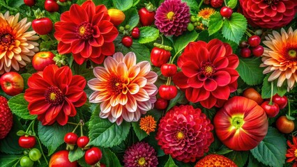 Aerial Drone Photography: Summer Floral Seamless Pattern - Red Dahlia, Nasturtium, Berries & Daisy Bouquet
