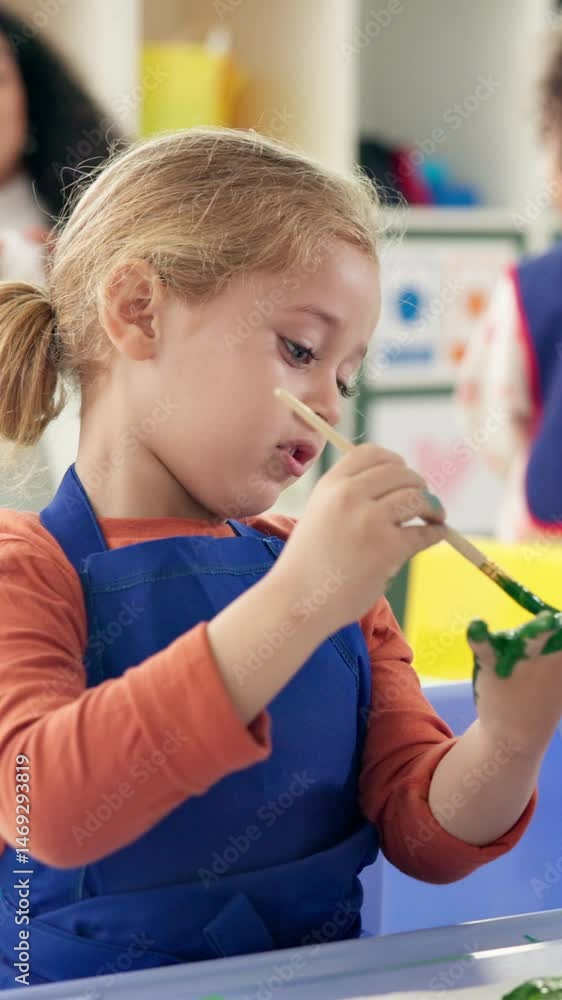 Poster student, child and painting on hand in classroom for handprint activity, art project and motor skill