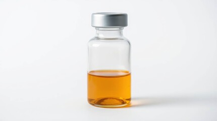 Amber Liquid in Glass Vial with Silver Cap on White Background