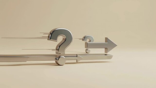 Silver question mark symbols with direction arrows represent business challenges during growth and decision making process illustration for problem solving concept.	